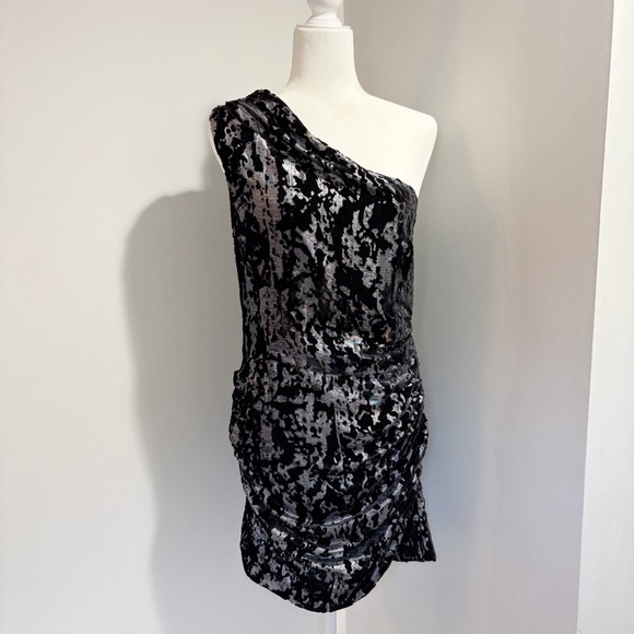 Maje Douce Silk Blend Velvet Shimmer One Shoulder Velvet Burnout Dress Small - Picture 2 of 16